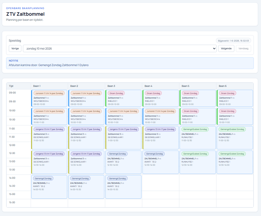 Openbare baanplanner met wedstrijden per baan
